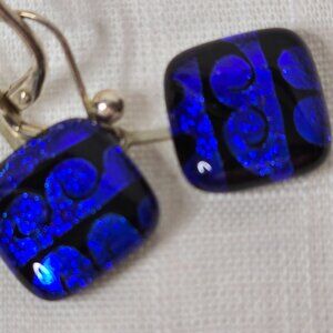 DICHROIC Glass Earrings Cobalt Blue Sea Wave Curls